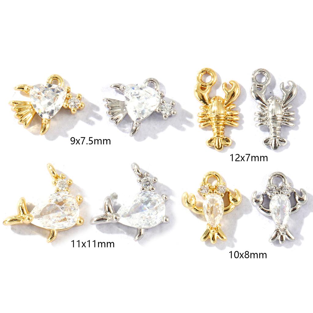 2 Pcs Ocean Jewelry Charms Goldfish Whale Lobster Clear Cubic Zirconia Brass Pendants For Diy Necklace Bracelet Making Findings