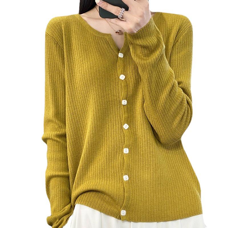 Women's Worsted Wool Cardigan: V-Neck, Lightweight, Loose Fit, Long-Sleeved, Sun-Proof, Spring/Summer Knit Sweater Jacket.