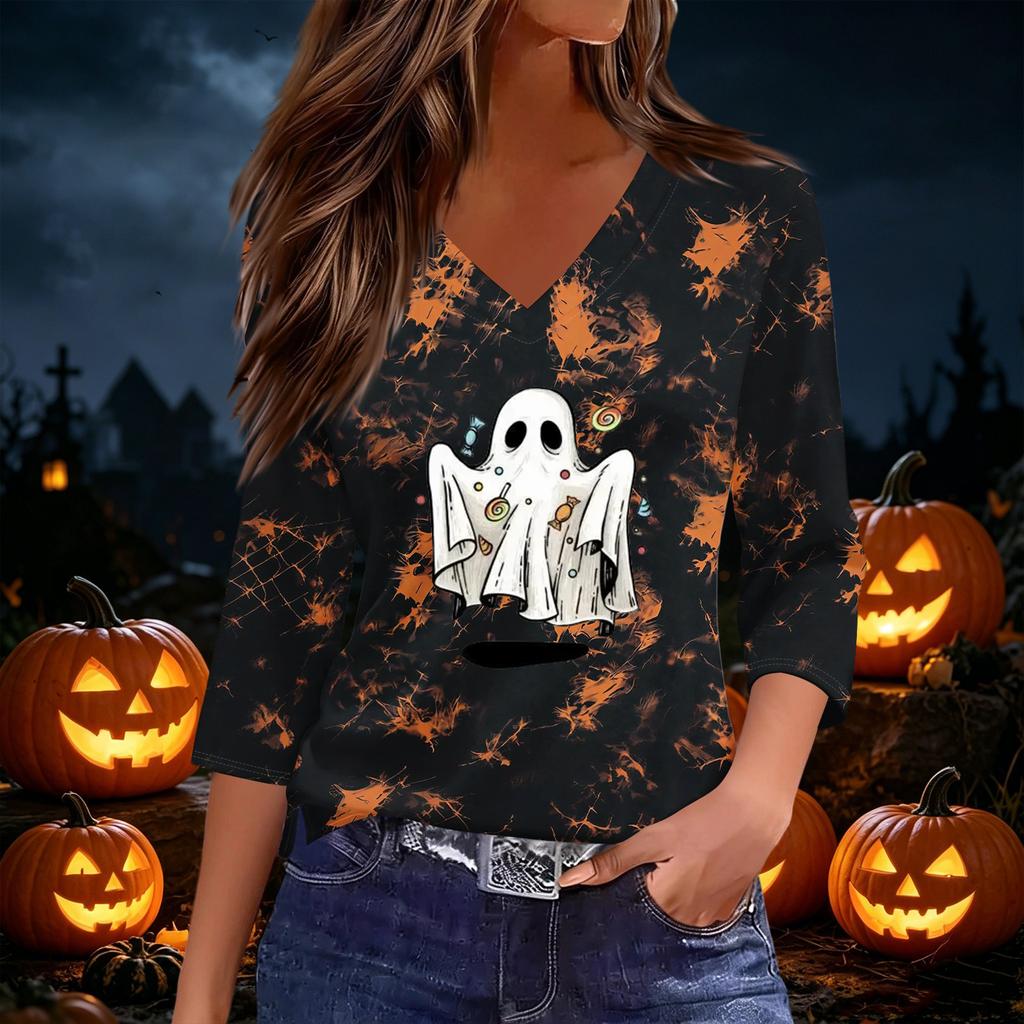 Women's Casual V-Neck Three-Quarter Sleeve Top with Halloween Print