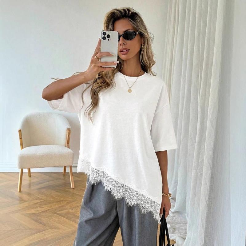 2026 Women's Short Sleeve Asymmetrical Lace Patchwork T-Shirt Loose Bat Sleeve Top