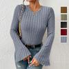 Women S Solid Slim Fit Sweater Round Neck Flared Sleeve Autumn Casual