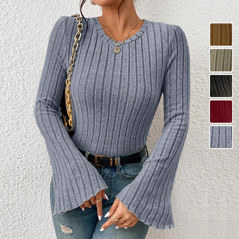Women S Solid Slim Fit Sweater Round Neck Flared Sleeve Autumn Casual