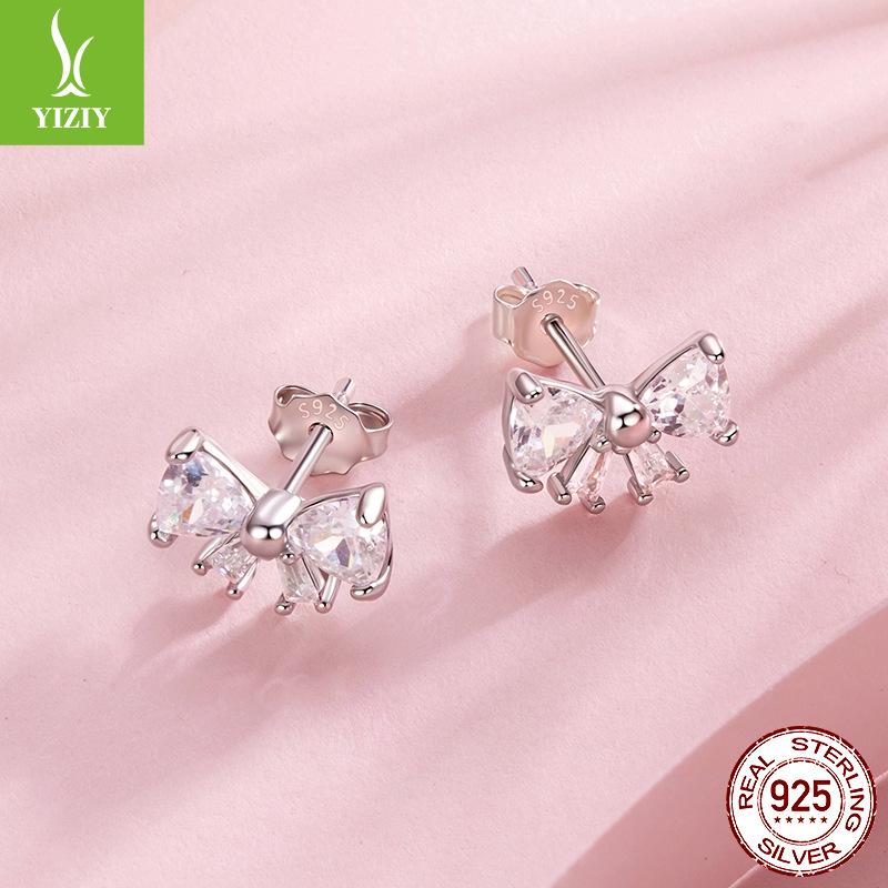 Sparkling Zircon Bow Stud Earrings Lady, Sweet Girl Heart S925 Sterling Silver Stud Earrings