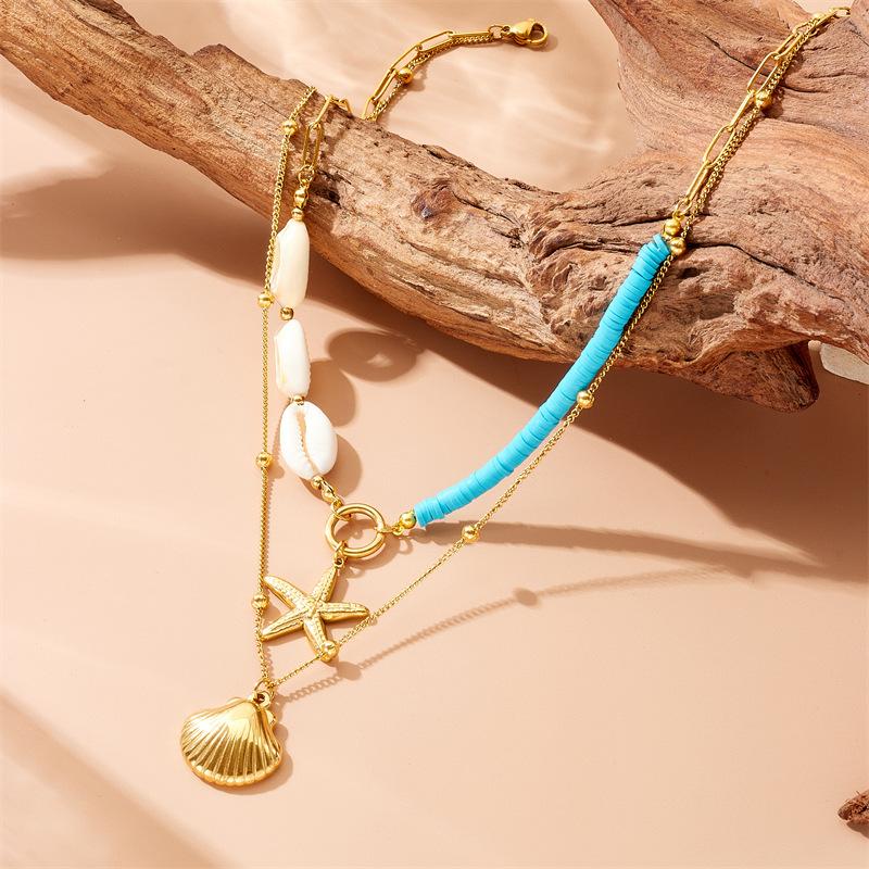 Women s Stainless Steel Double Layer Necklace Gold Plated Starfish Seashell Pendant Chain Beach Summer Jewelry Gift one size