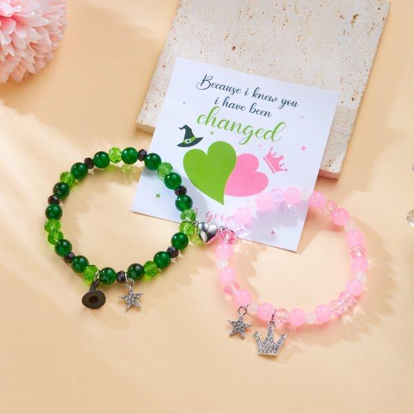2pcs Magic Stick Hat Crown Matching Bracelets for Women Sweet Pink Green Bead Handmade Stretch Bracelet BFF Jewelry Gifts