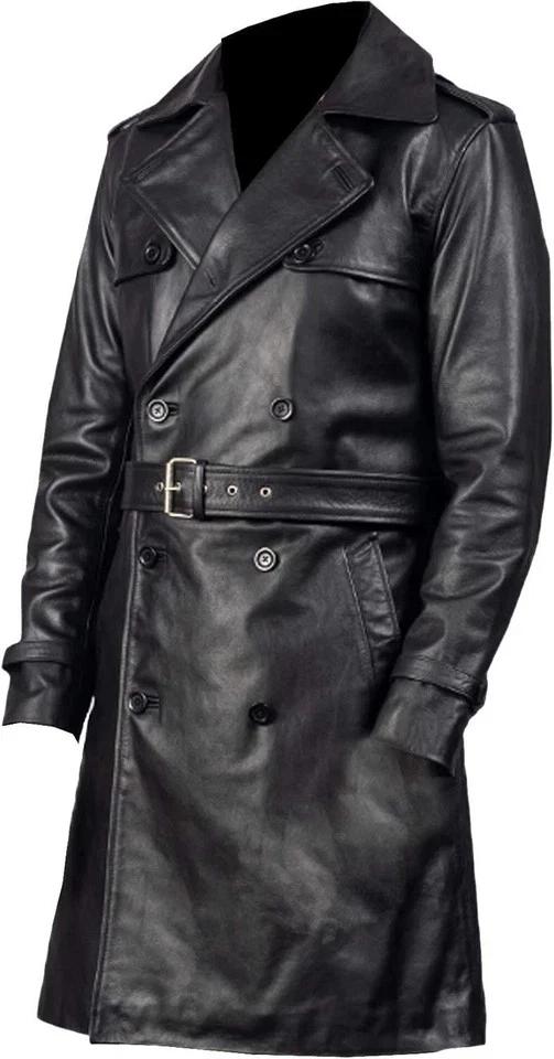 Causal Biker Belted Handmade Lambskin Men's Stylish Trench Coat Black Leather