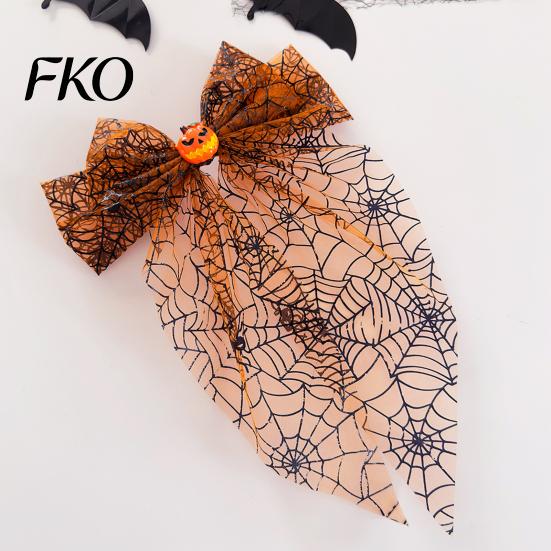 Lightweight Hair Clip Halloween Spider Web Bow Clip, Pumpkin Eyeball Tulle with Long Tails, Women Accessories for Holiday Party Accessory