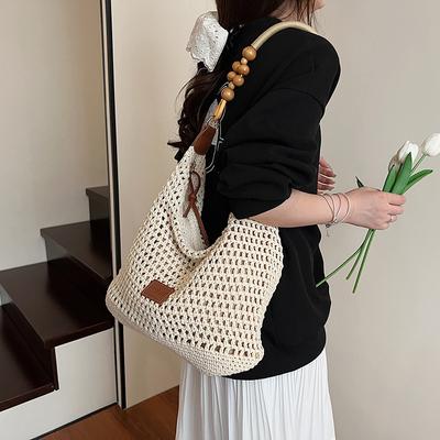 Holiday Style Woven Bag Women's 2025 Summer New Fashion Hollow Knitted Shoulder Bag Large Capacity Commuter Tote Bag