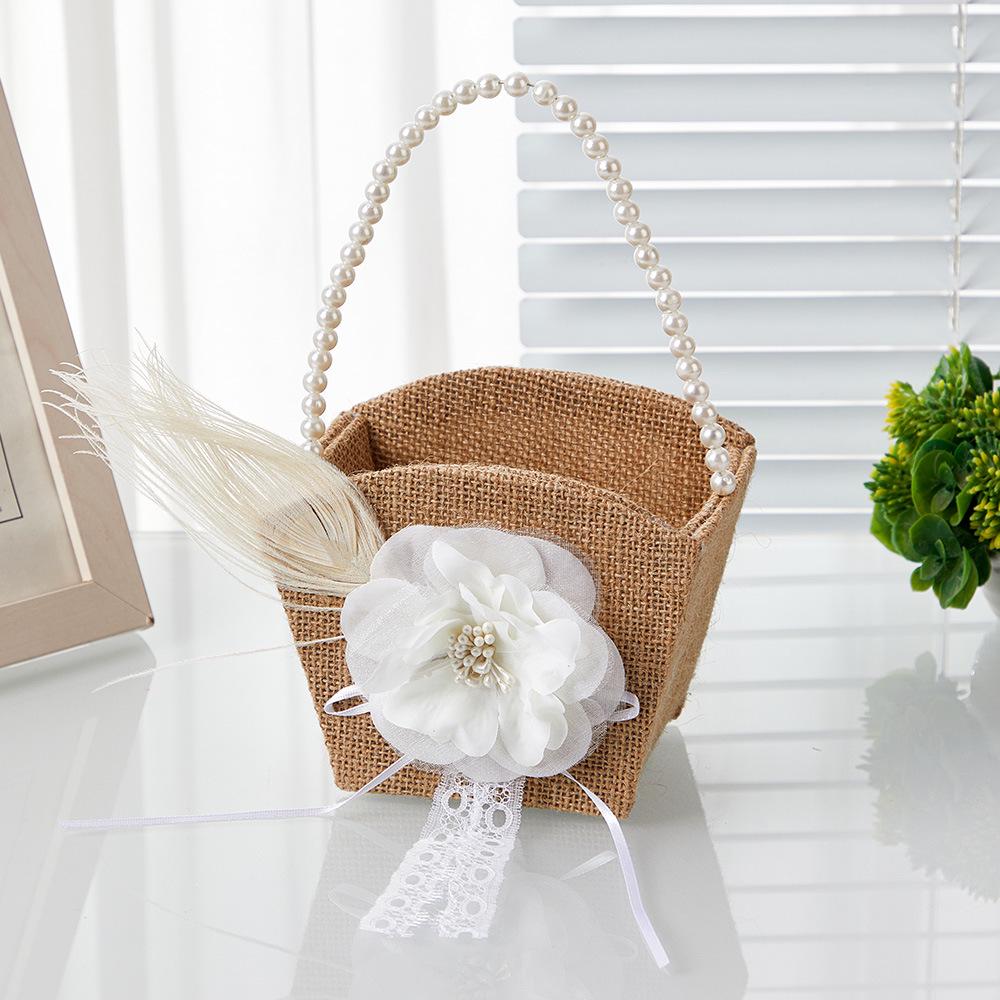 Linen Pearl Flower Basket for Outdoor Wedding - Bridal Handbag or Flower Girl Accessory