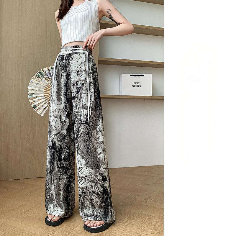 

Широкие брюки из ледяного шелка для женщин на лето с высокой талией, свисающие, чернильные, с узором тай-дай, новые китайские брюки Zen, ленивые повседневные брюки для защиты от солнца XL