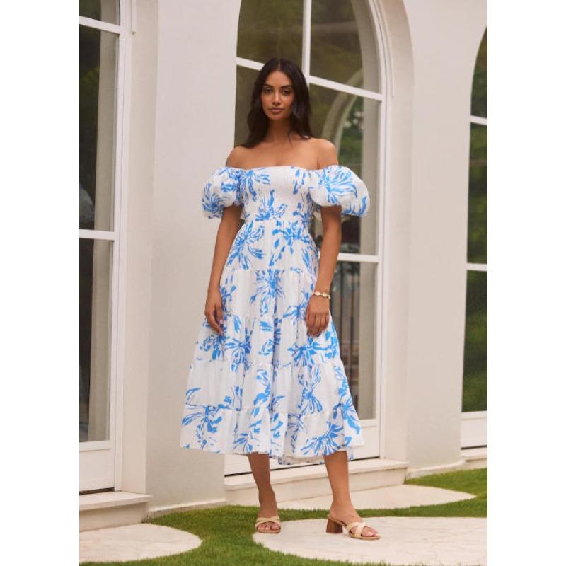 Summer hot-selling square-necked bubble-sleeved printed long dress, big swing, waist and thin dating dress