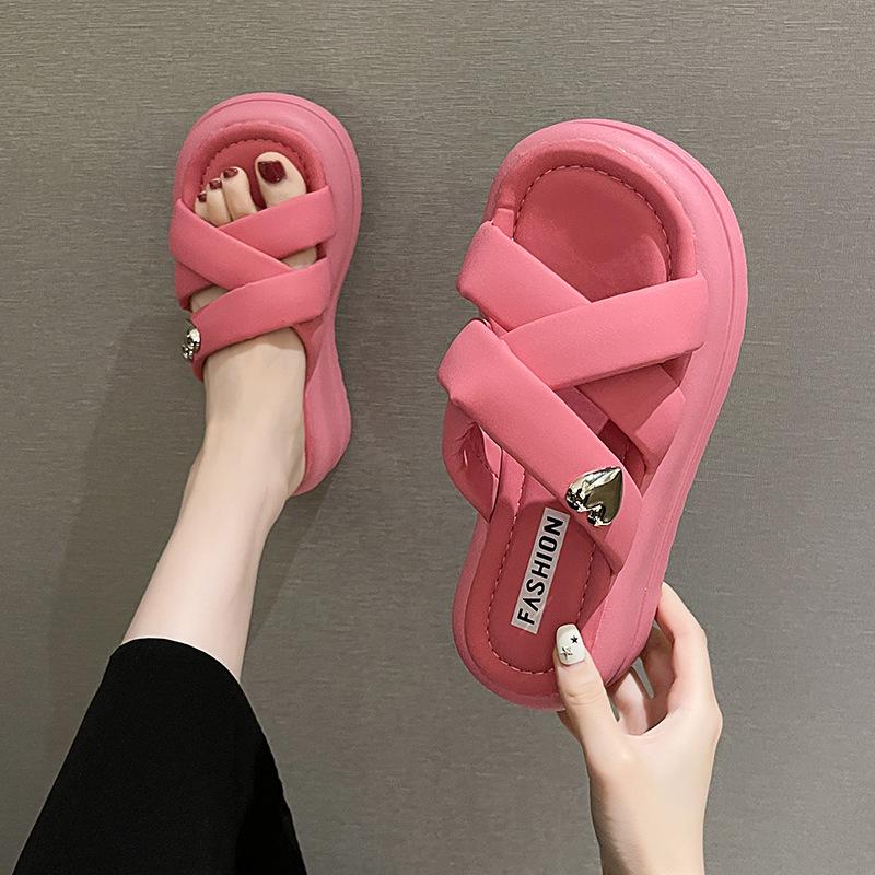 Thick Bottom Soft Rubber Women's Non-slip Heightened Home Casual Slippers Summer Outdoor White With Solid Color Sandals Slippers