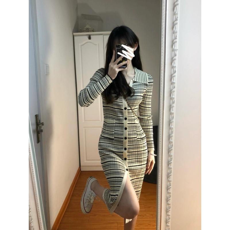 

Осенне-зимнее новое ретро полосатое вязаное платье с пальто внутри и длинная тонкая юбка-свитер для женщин XL абрикосовый