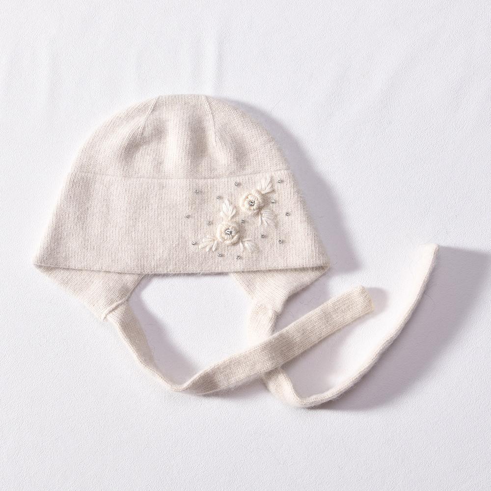 Autumn and winter new embroidered ear protector with diamond, warm wool hat, angora rabbit hair knitted hat