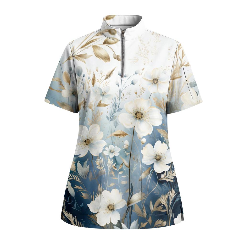 Women's Short Sleeved Printed V-neck Buttonable Side Slit Top T-shirt
