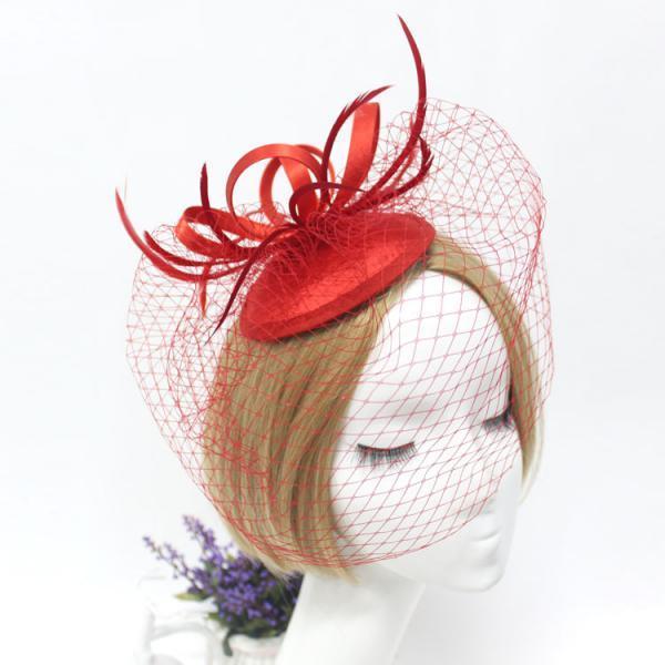 Women Girls Ladies Feather Fascinator Mesh Hairdressing Bridal Hair Clip Wedding Party Accessory Red