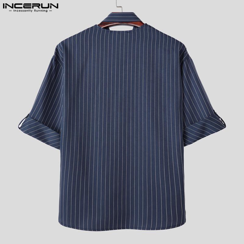 INCERUN 2PCS Men Tie Up Neck Short Sleeve Shirt Long Straight Pants Striped Sets