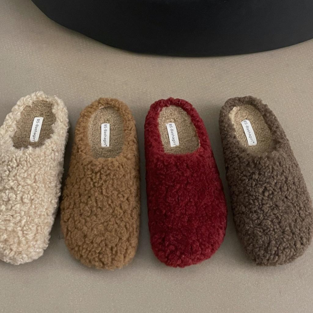 Retro lamsvacht pluche pantoffels dames 2025 herfst en winter nieuw tas hoofd sleep fee lui katoen sleep één pedaal