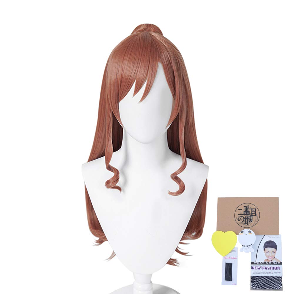 cosplay with long perfect for parties and plus 4 bonus items Heat-resistant wig, reddish-brown bun, hair, disguises,