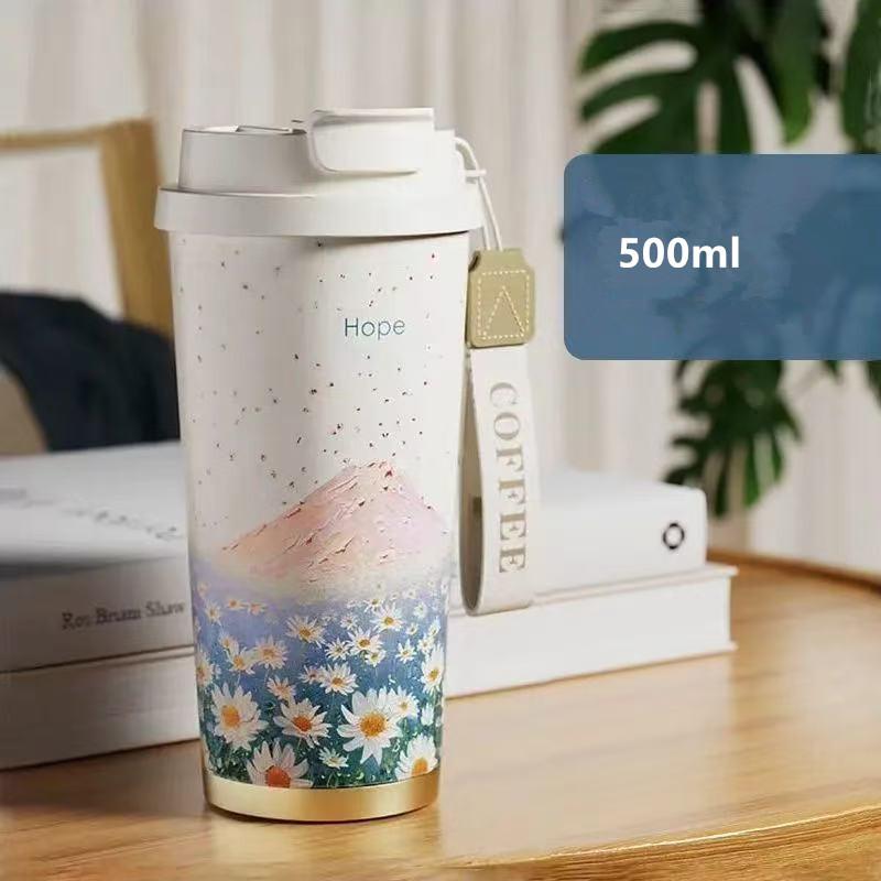 Stainless Steel Thermos Mug 5D Printing Flower Portable Dual-Drink Insulated Coffee Cup for Camping Gift Daily Use