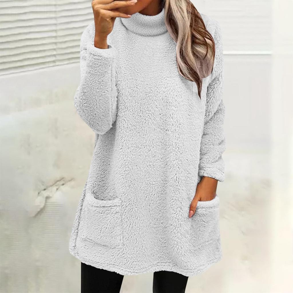 Bluzy damskie z golfem jesienno-zimowe ciepłe swetry plus size tuniki pulowery topy z kieszeniami