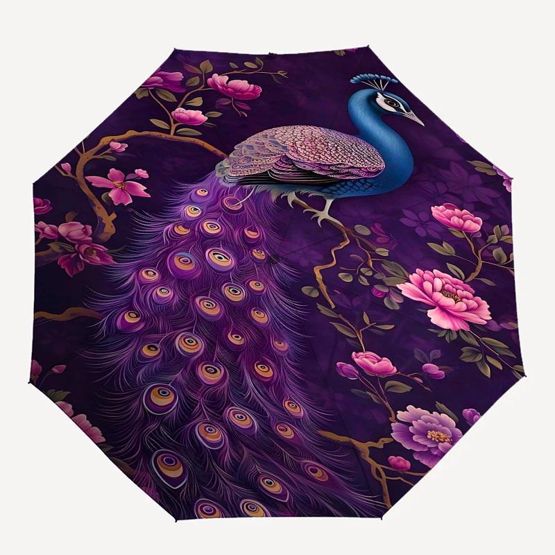 1PC Peacock Flowers Umbrella-8-Rib Reinforced, Automatic Open, Lightweight & Durable, Fashion Accessory for Outdoor, Beach L0354