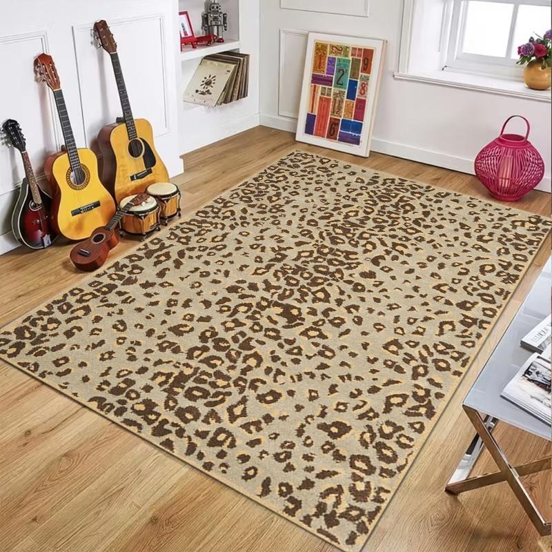 Bohemian Leopard Print Area Rug Non-Slip Washable Stain-Resistant Low-Pile Floor Mat for Living Room, Hallway and Bedroom Decor