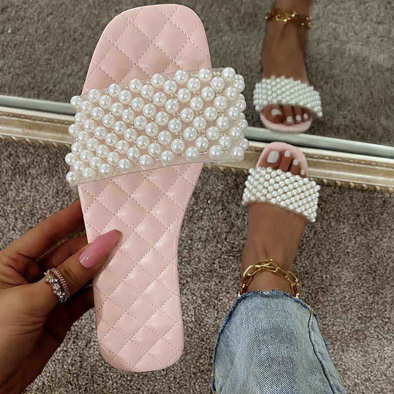 Spring/summer New Women  Pearl Rhinestone Women's All-match Casual Slippers Fashion Solid Color Flat Shoes Sandals