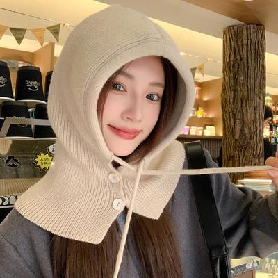 Cappello invernale passamontagna caldo lavorato a maglia da donna con cappuccio tinta unita, berretto monopezzo con collo pullover, cappellini in cashmere per esterni
