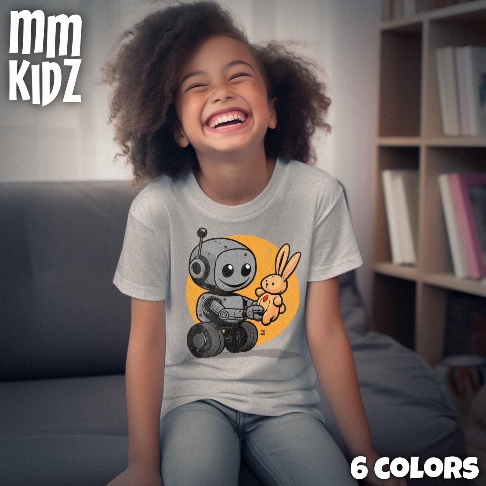 Curious Robot & Bunny T-Shirt | Playful Cartoon Robot Graphic Tee | Adorable Cartoon T Shirt | Kids T-Shirt, Gifts for Kids | Pajama T Shirt 130