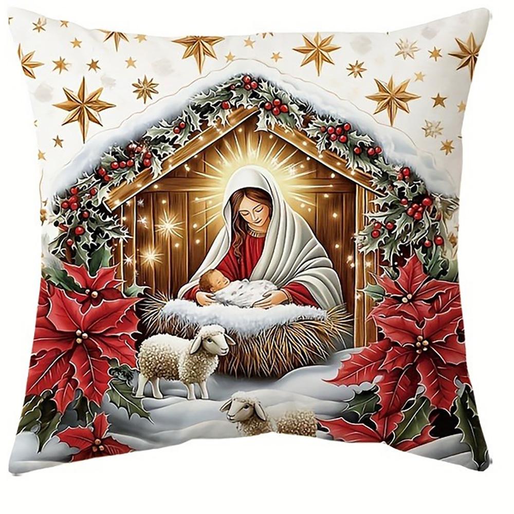 

Christmas Nativity Scene Pillowcases: Baby Jesus with Mary, Joseph, Cows, and Lambs Sofa room cushion cover home decoration gift 16x16Inch