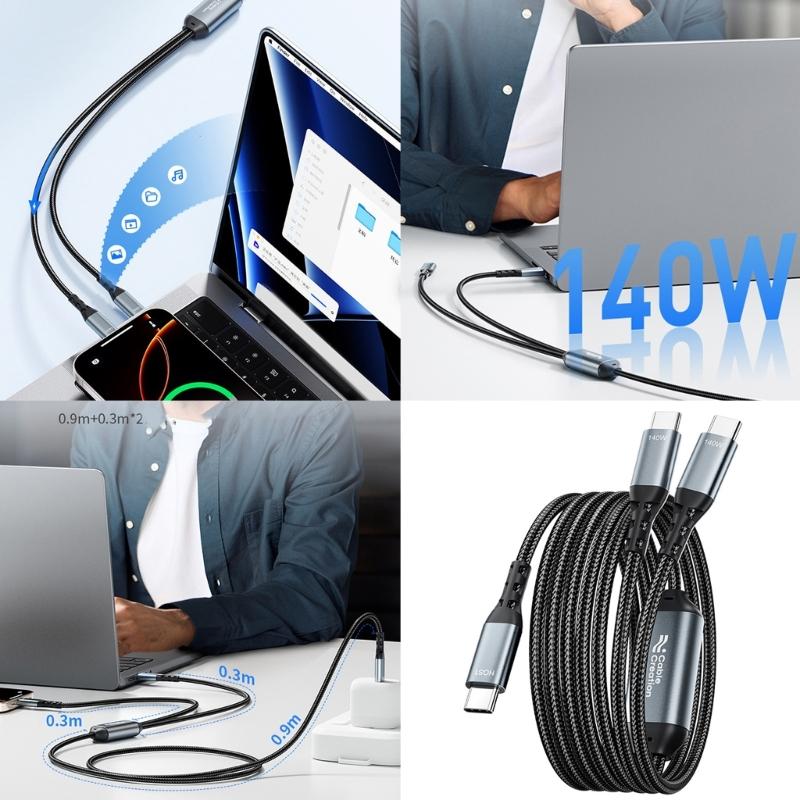 USB C To Double USB C Data Cord 140W Super Fast Charging Cable Wire 480Mbps Fast Speed Data Sync Splitter Line
