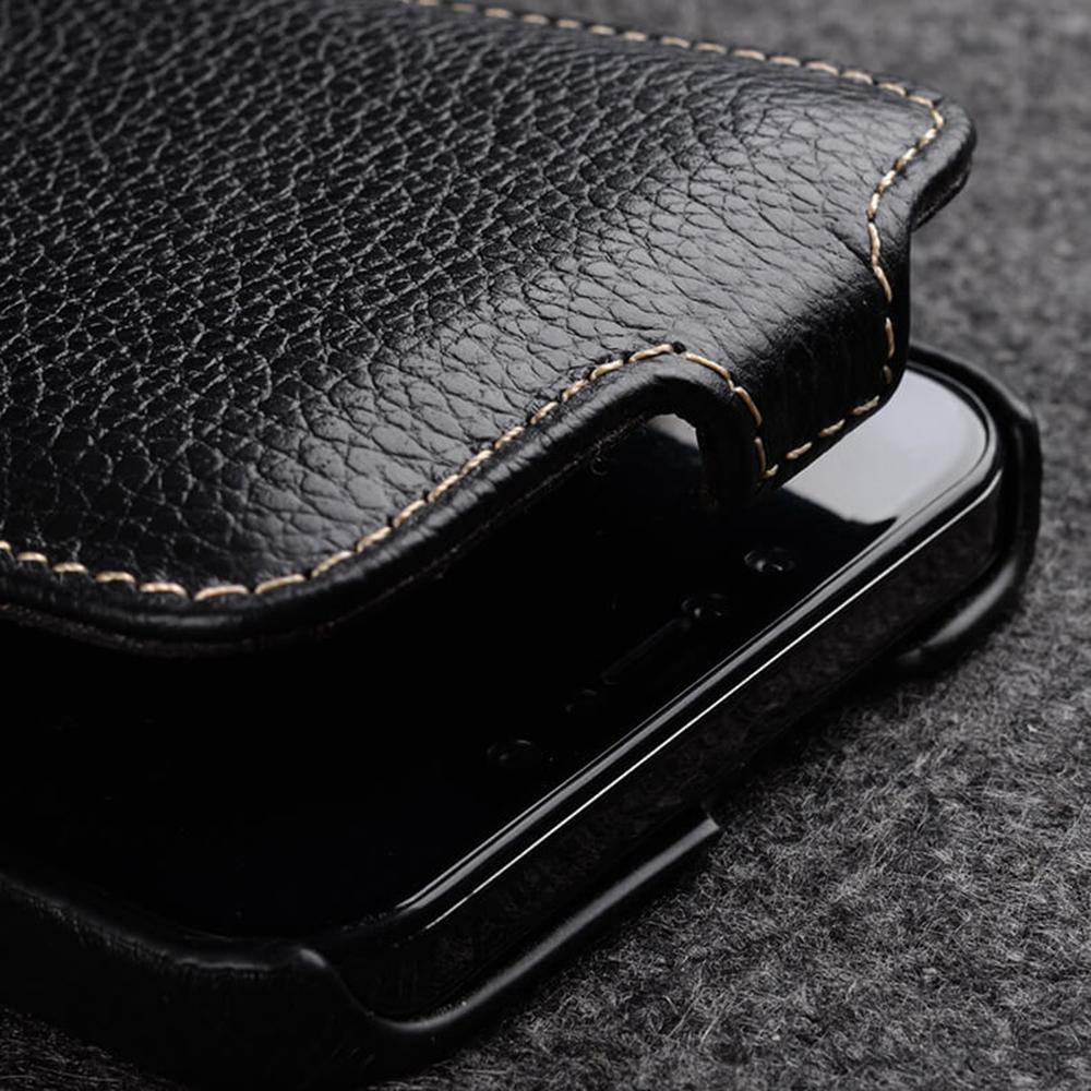 MELKCO For iPhone 15 Pro Max Case Litchi Texture Genuine Cow Leather+PC Vertical Flip Cover