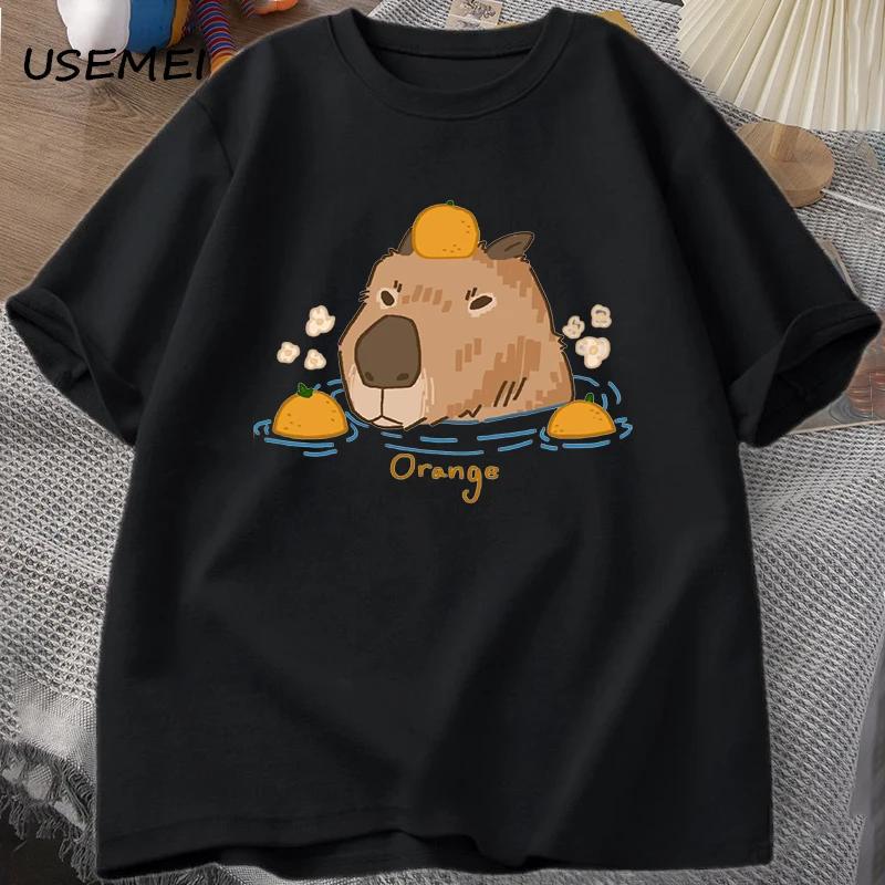 Capybara Swimming with Oranges T-shirts Oversize T Shirt Unisex Cotton Shrot Sleeves Cartoon Animal T Shirt Round Neck Top Clothes L чёрный