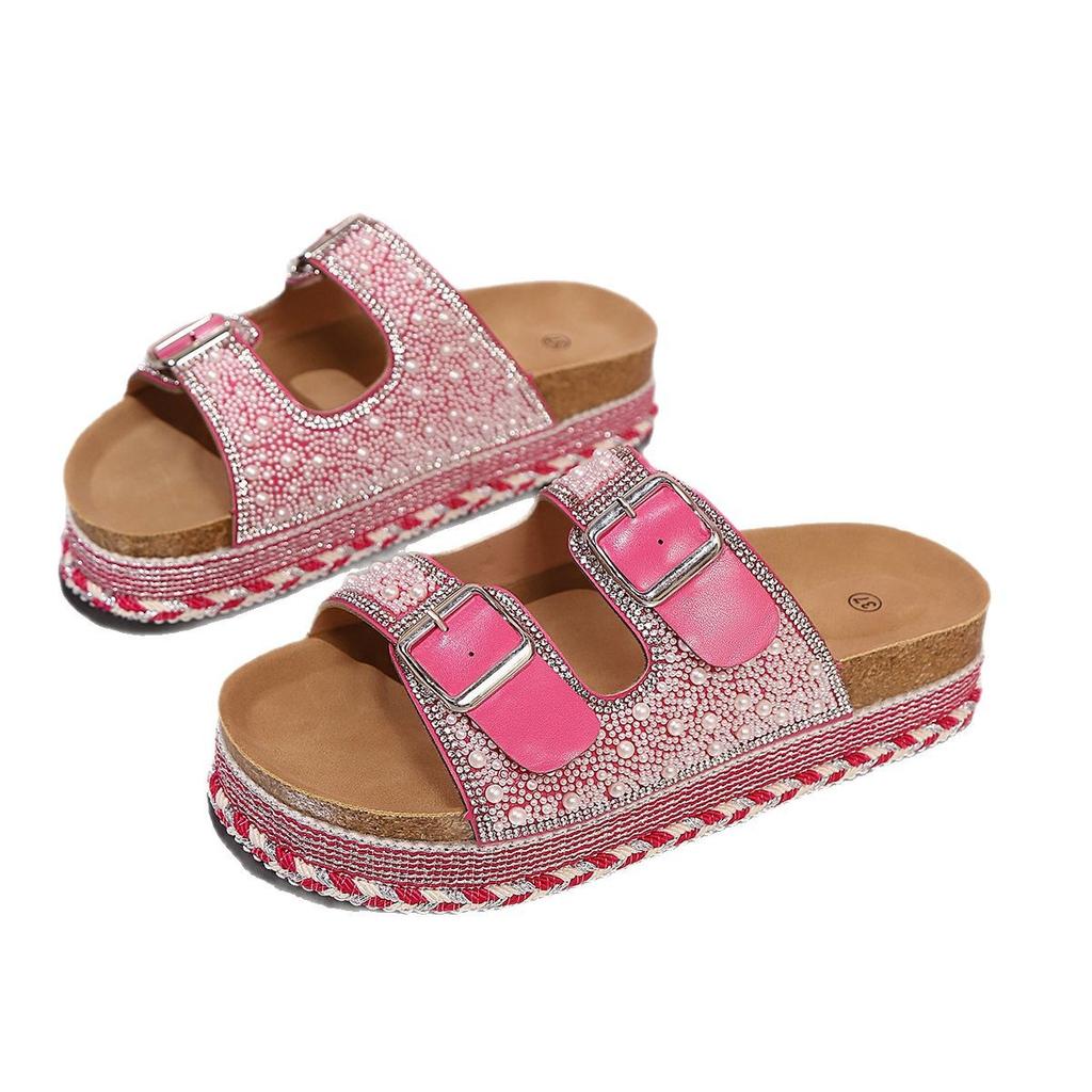 Fashion 2025 Summer Fashion Pink Diamond Solid Color Round Toe Adult Sexy Women's Big Size 43 Sandals Casual Flats Comfortable Slippers