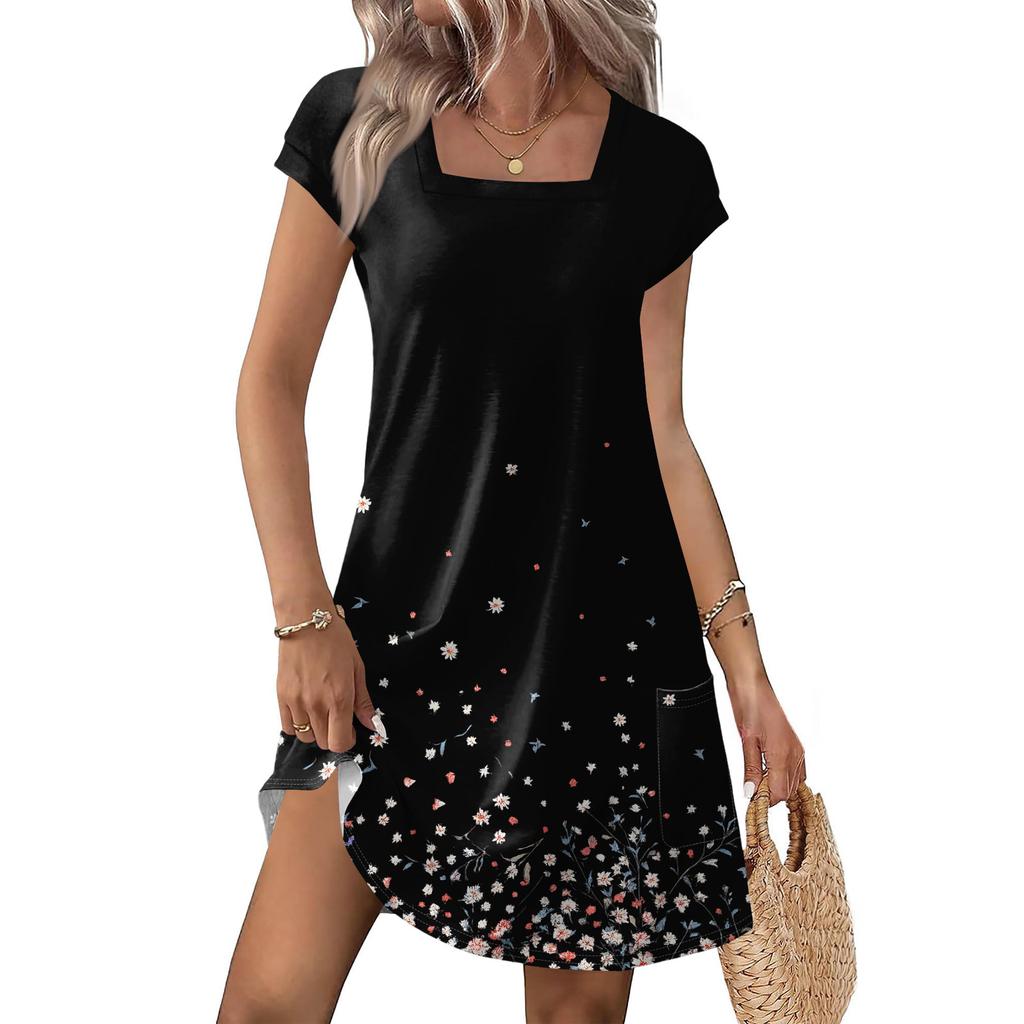 Summer Dresses For Women Loose Square Neck Cap Sleeve Casual Beach Vacation Tshirt Dress Sundresses With Pockets