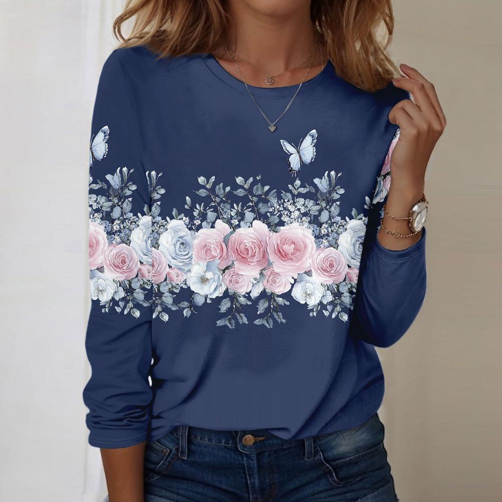 Women Fashionable Casual Long Sleeved Round Neck Floral Graphic Top Basic Design Loose And Comfortable Pullover
