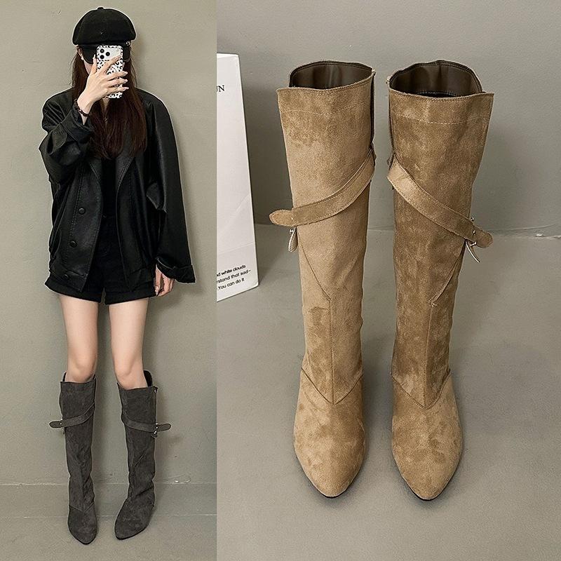 Belt buckle boots knee new temperament is not too low, thin boots women's fashion big tube circumference autumn heel pointed