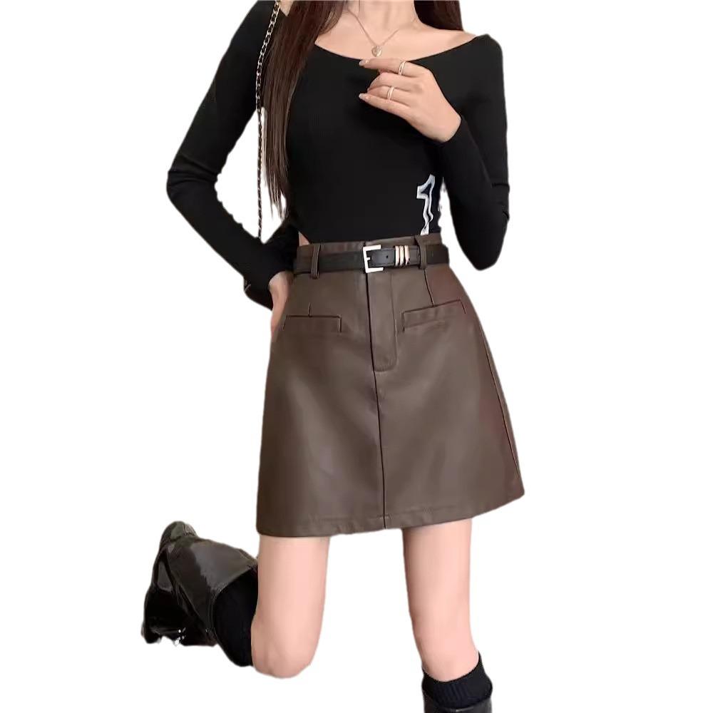 Khaki High-Waisted PU A-Line Mini Skirt - Slimming, Tummy-Covering, Autumn/Winter Bodycon Short Skirt