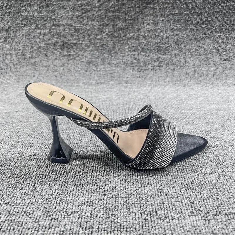 High Heels Strass-Slipper für spitze Zehen Sexy Kristall-Slipper Damen Luxus-Designer Partykleid Sandalen Zapatillas Mujer
