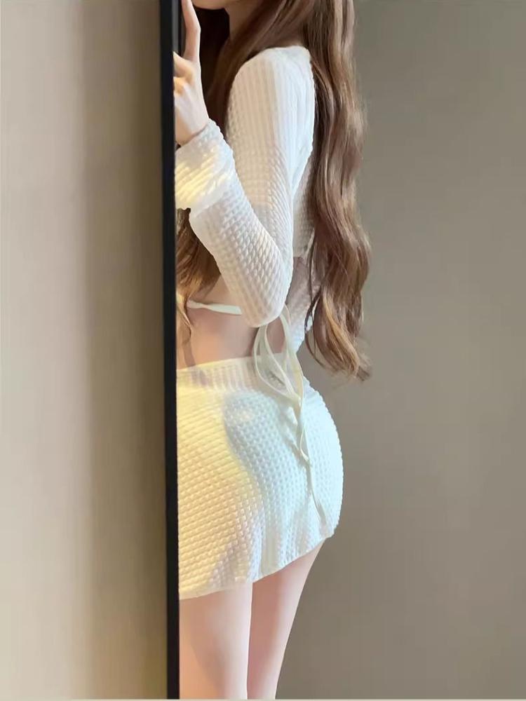 4Pcs Swimsuit Women Fashion Solid Padded Bikinis Sets Bathing Suit Sexy Beach Party Cover Up Long Sleeve Crop Tops and Wrap Skirt