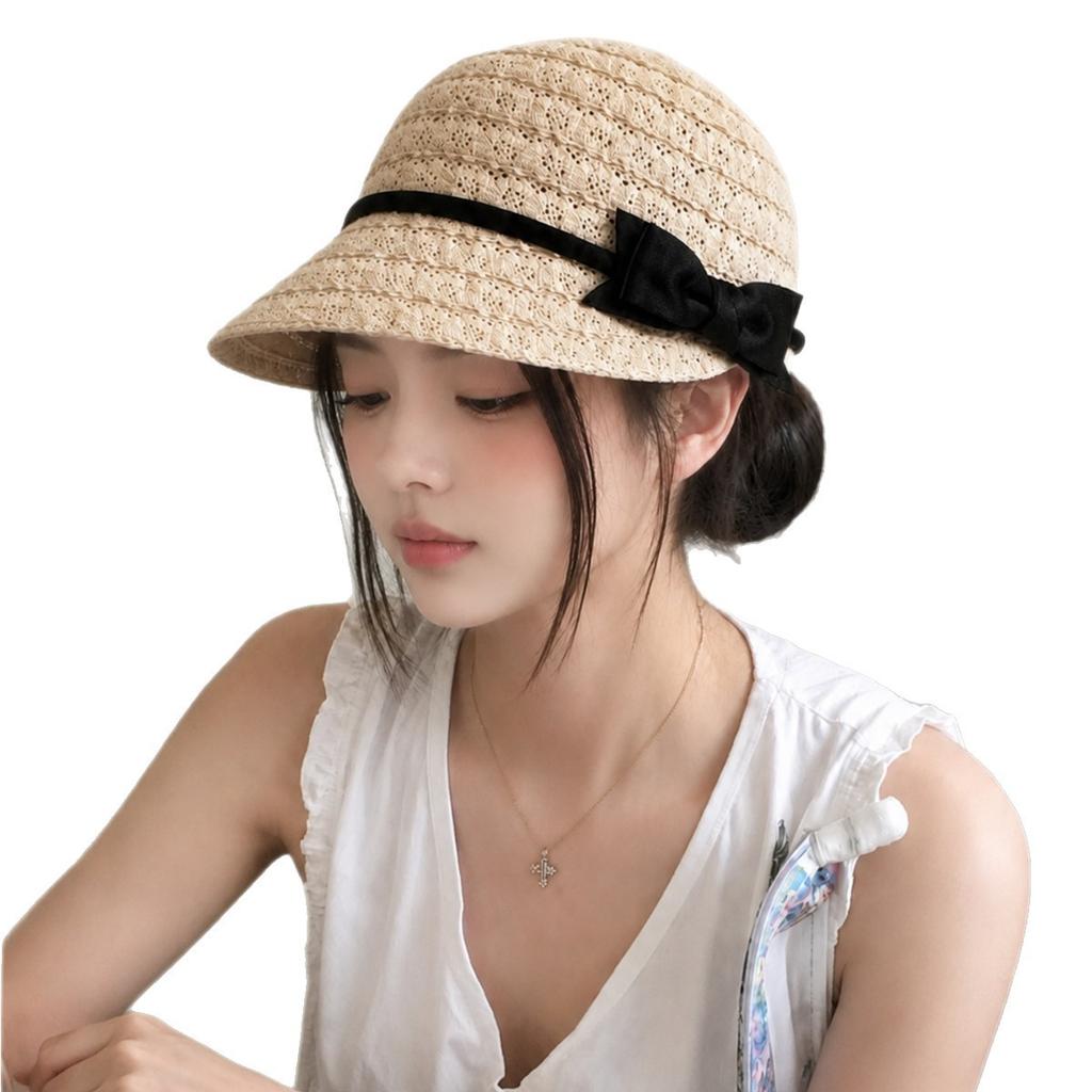 French Small Fragrance Style Bow Woven Knight Hat Women'S Spring And Summer Fashionable Temperament Sunshade Face Small Equestrian Hat