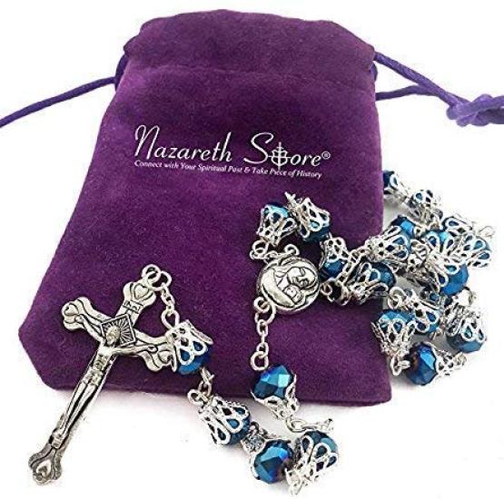 Catholic necklace with deep blue crystal crown beads, rosary, sacred earth medal and cross.
