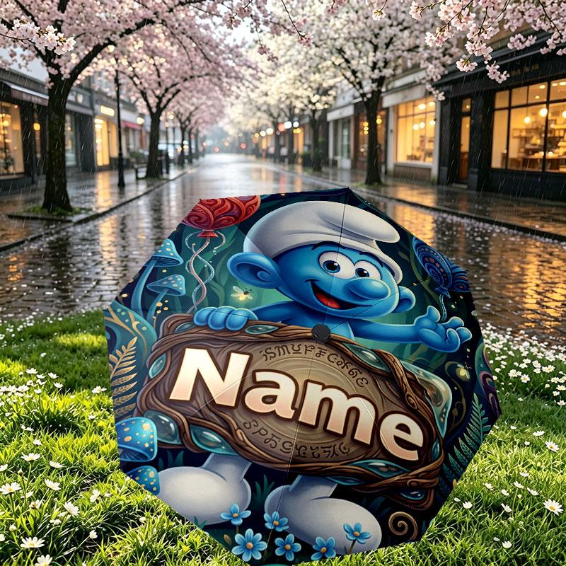 Custom Name Personalized The Smurfs Print Umbrella, Auto Open Close, 8‑Rib Sturdy Frame, Commute Camping Hiking Use, Birthday Gift