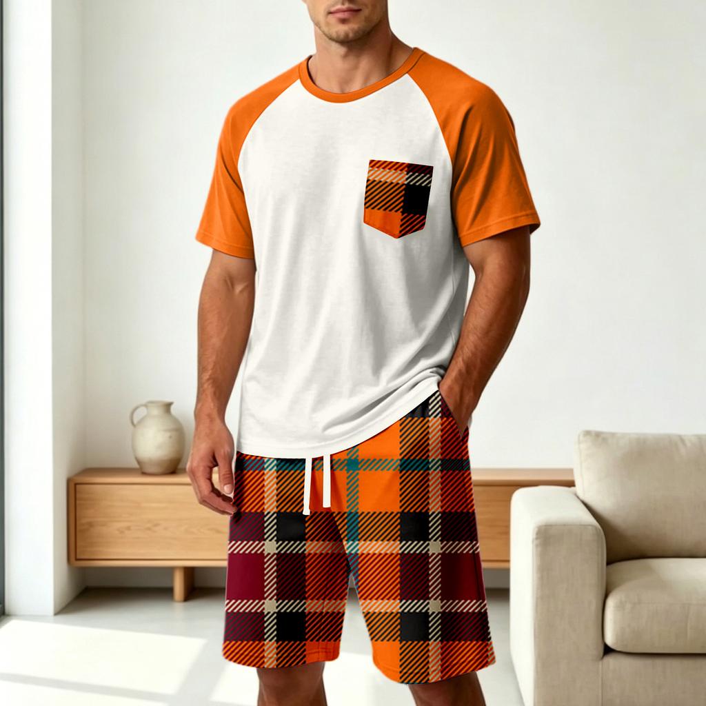 Men's Casual Pajama Set Soft Comfortable Two Piece Lounge Wear Short Sleeve Top and Plaid Shorts Sleepwear Set for Home Relaxation