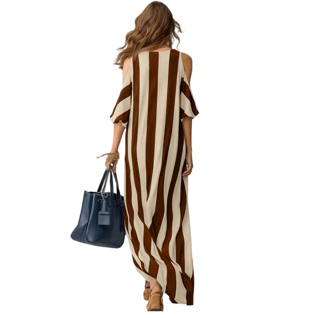 Casual Long Dress with Split Hem Cold Shoulder Design Striped Pattern Relaxed Fit Lightweight Fabric Suitable for Daily Wear