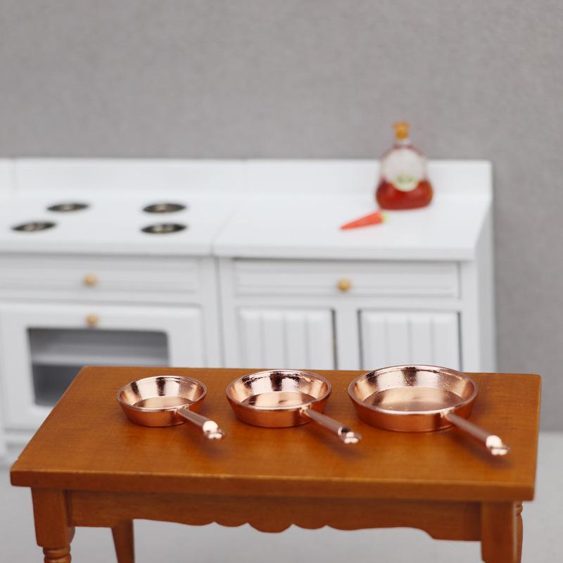 1:12 Miniature Dollhouse Kitchen Utensils: 3-Piece Alloy Frying Pan Set