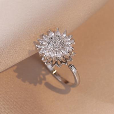 ZAKOL Fashion Crystal Sunflower Rings For Women Elegant Clear Zirconia Adjustable Flower Ring Engagement Wedding Zircon