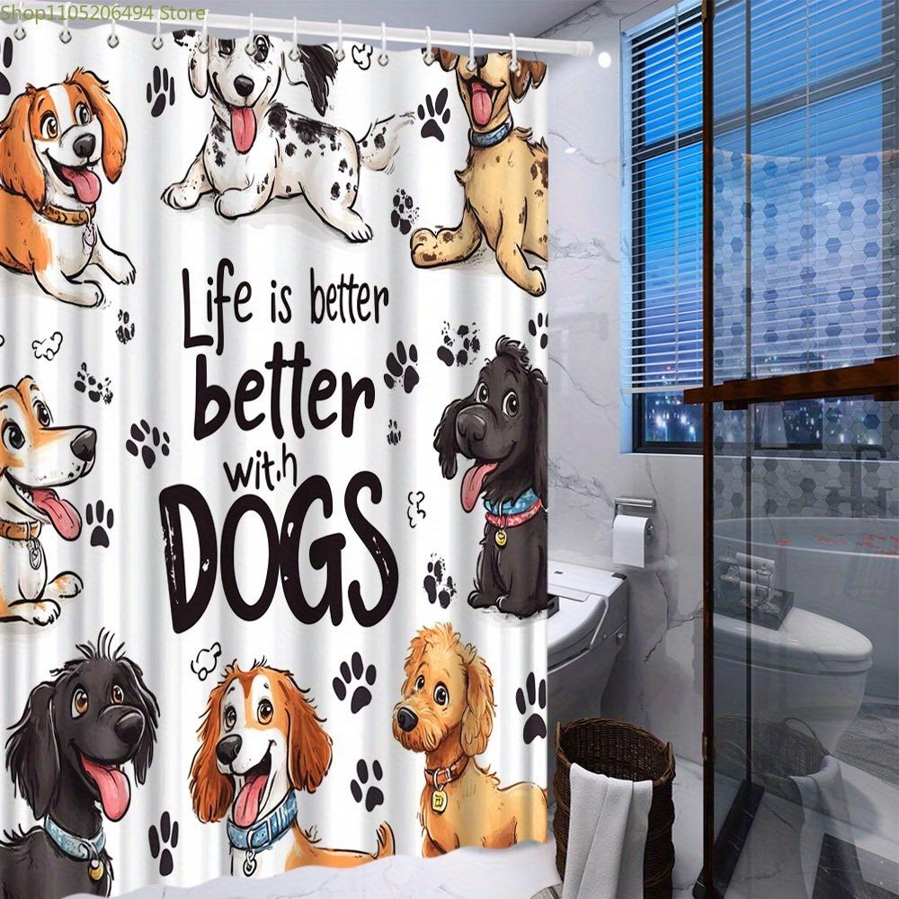 1pc Playful Cartoon Dogs Shower Curtain - "Life is Better with DOGS" Text, Expressive Happy Faces, Unique Collars & Tags, Poly