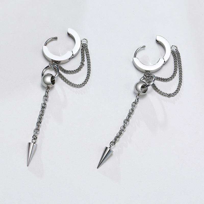 Triangle Cone Spike Long Chain Earring Stainless Steel Double Connected Chains Huggie Hoops Earring Mens Jewelry